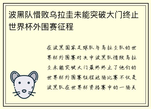波黑队惜败乌拉圭未能突破大门终止世界杯外围赛征程
